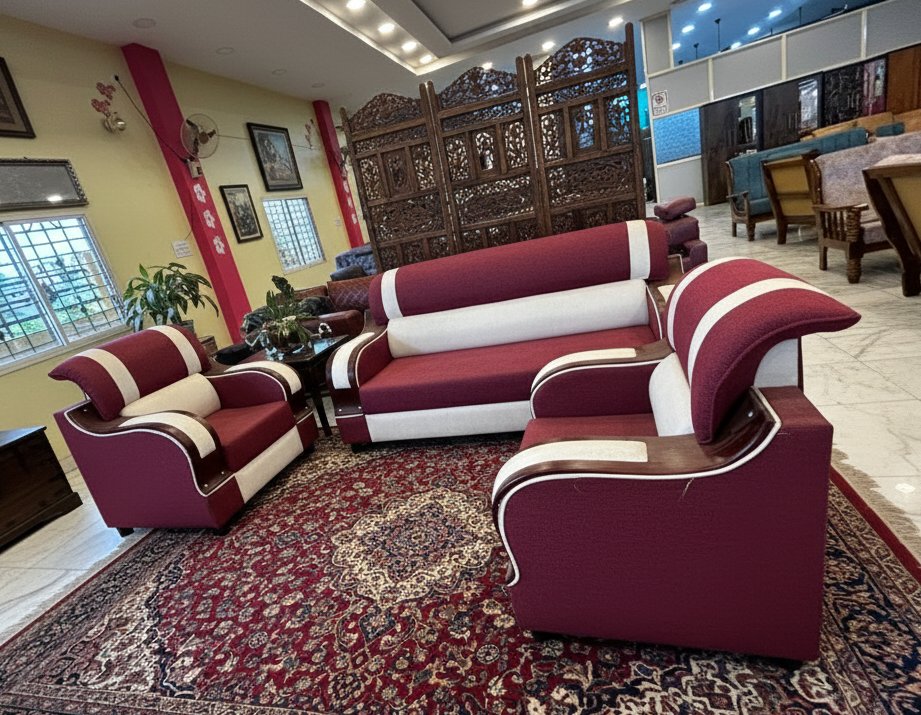 Modern Maroon & Cream Sofa Set (3+1+1) with Stylish Wooden Arm Design - Image 3